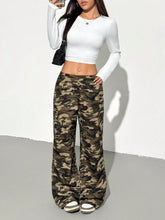 2pcs/Set Women Knit Ruched T-Shirt With Cargo Pocket & Camouflage Casual Pants